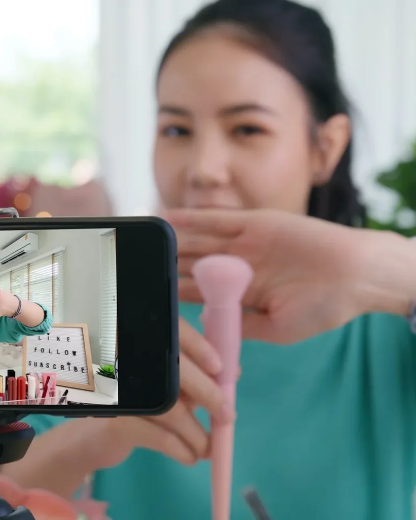 asia woman micro influencer record live viral video camera at home studio